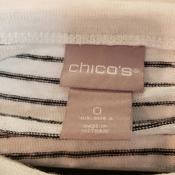 Chico's Linen top size Large‎ shoulder  gold button detail striped black white - Picture 3 of 9